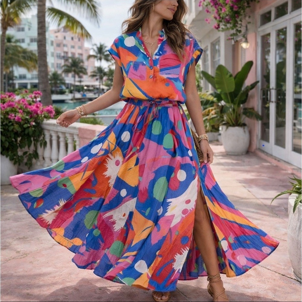 Eva Franco Miami Vibes Skirt Matching Set Colorful Maxi Skirt & Top Women's Sz 4